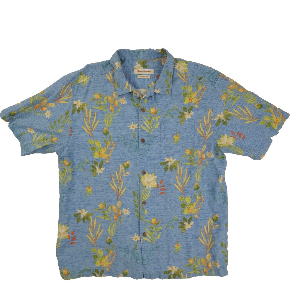 Tommy Bahama Original Fit Button Up Shirt Mens XL Blue Bamboo Print Tropical